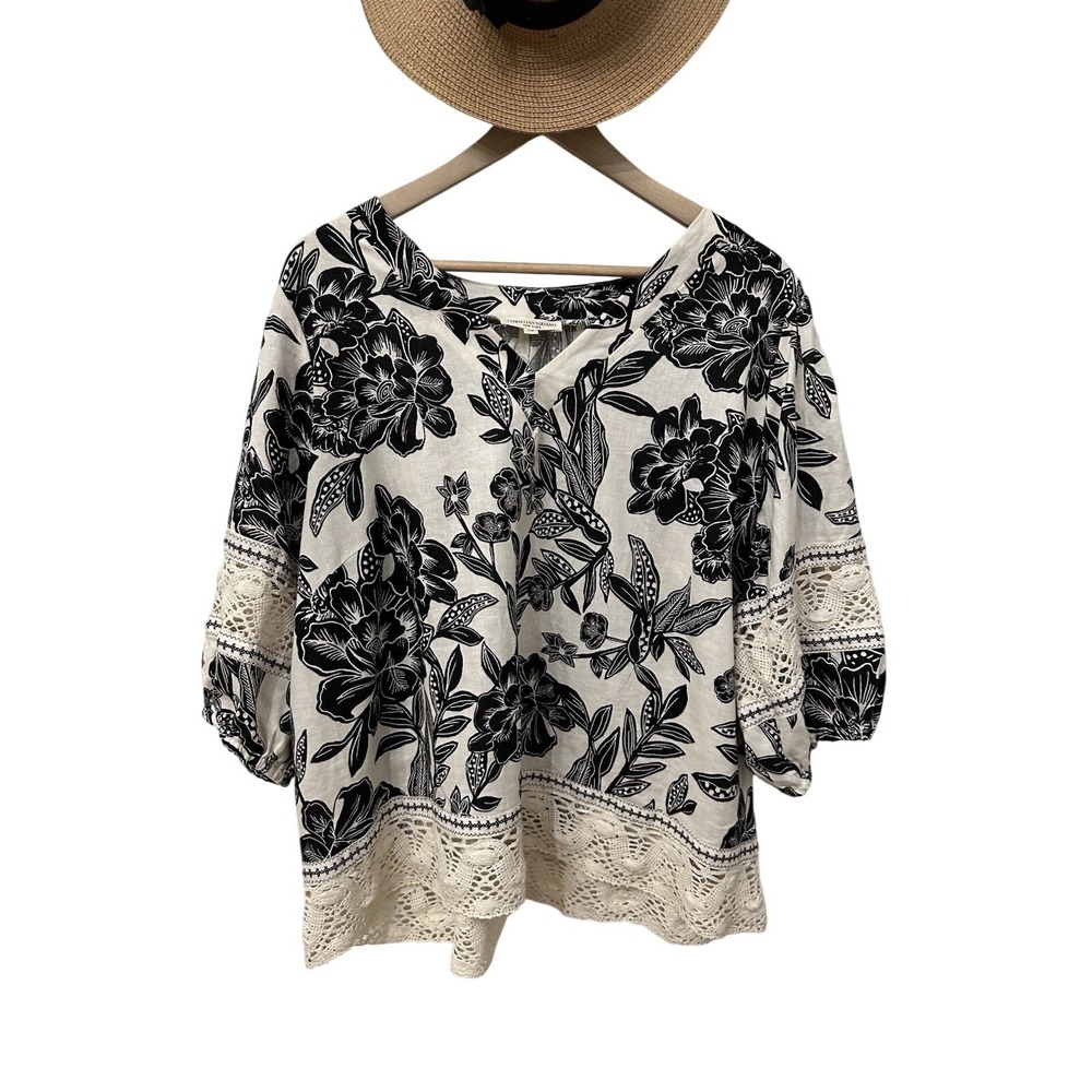 Christian Siriano Blouse 1X Black White Floral Linen Blend Crochet Lace‎ Trim